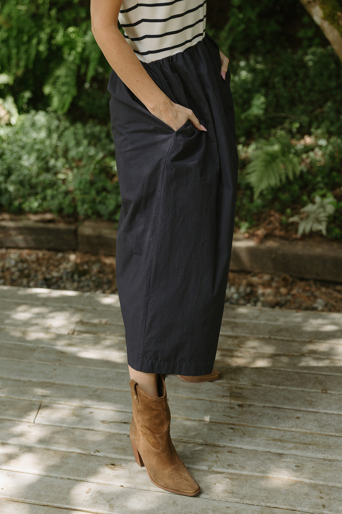 Striped Mixed Material Midi - Navy