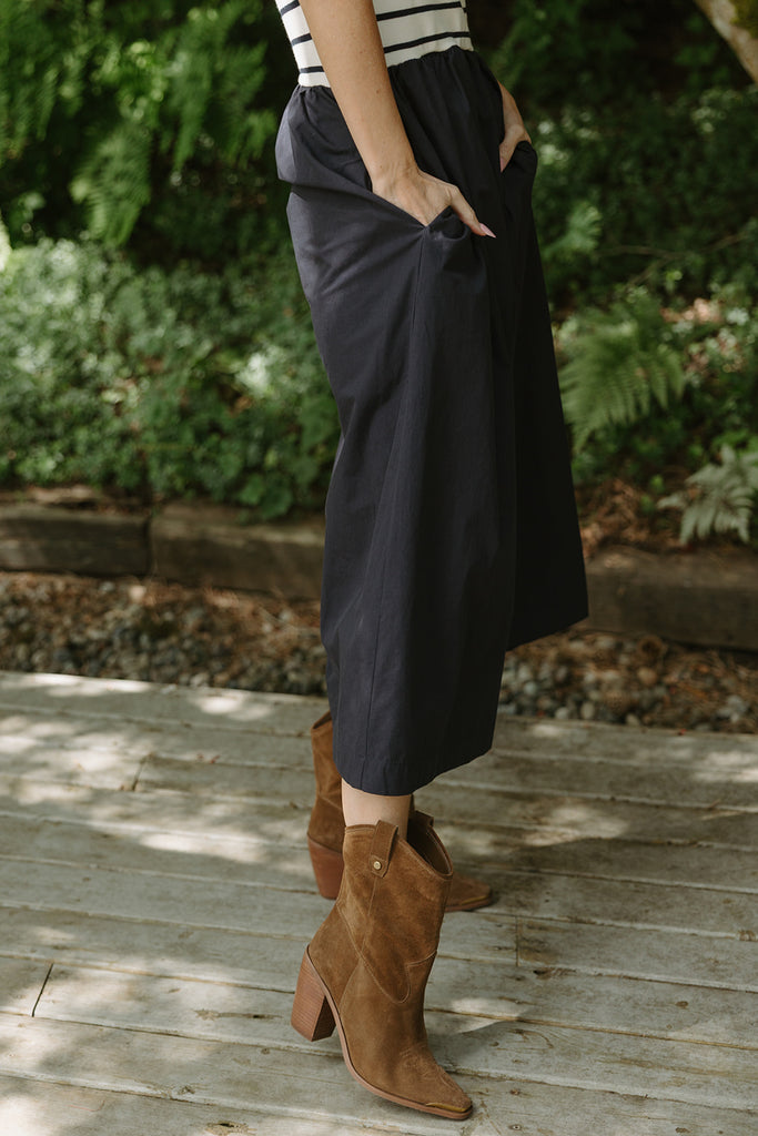Striped Mixed Material Midi - Navy