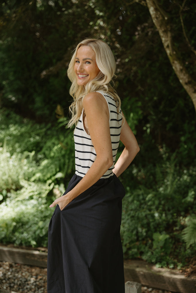Striped Mixed Material Midi - Navy