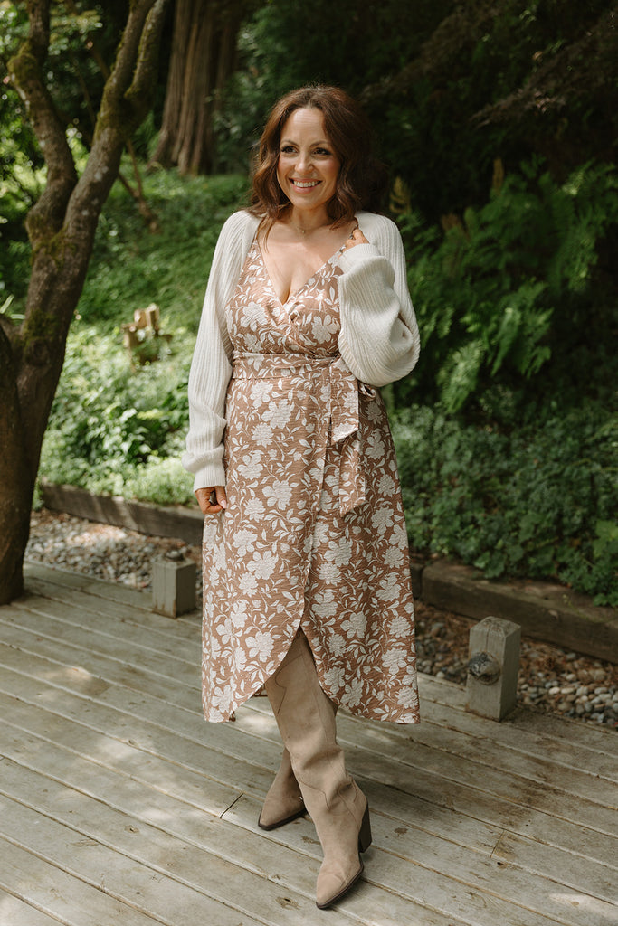 Printed Faux Wrap Midi Dress - Mocha