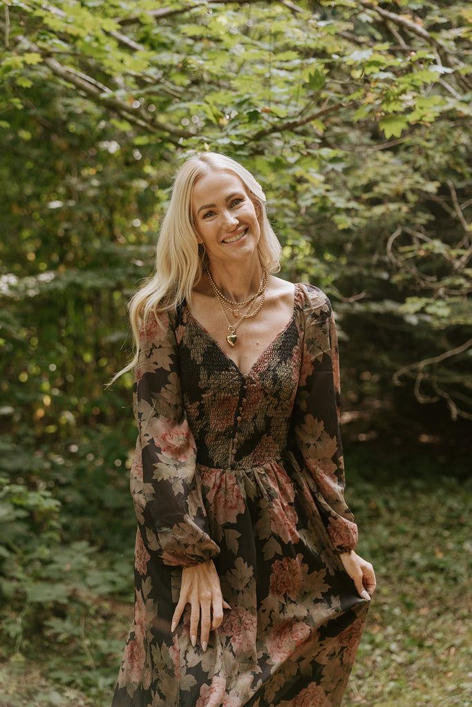 Floral Front Smocked Bust Midi Dress - Black
