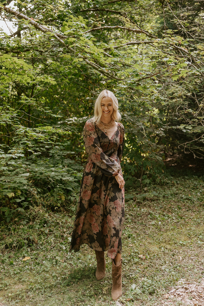 Floral Front Smocked Bust Midi Dress - Black