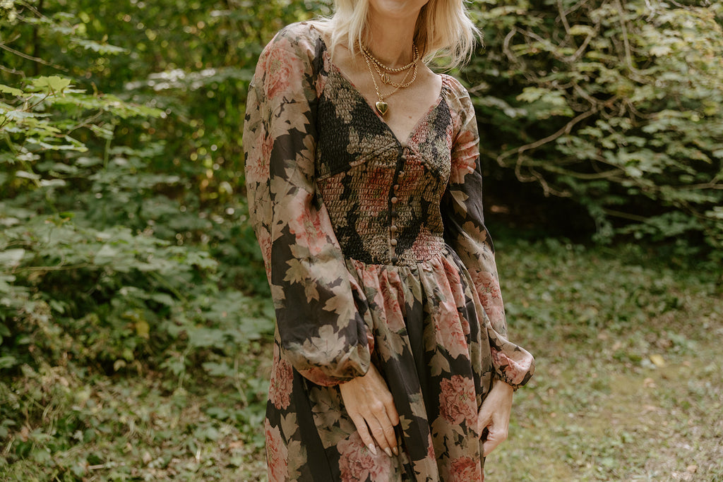 Floral Front Smocked Bust Midi Dress - Black