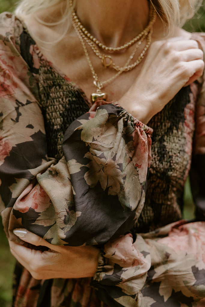 Floral Front Smocked Bust Midi Dress - Black