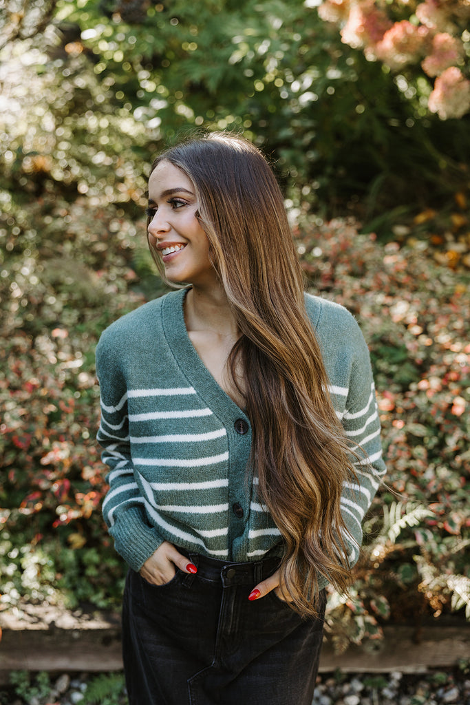 Green & Cream Striped Cardigan - Small