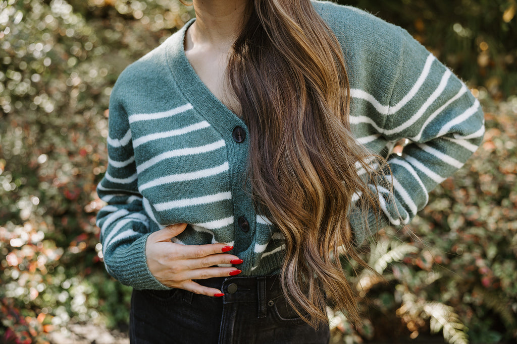 Green & Cream Striped Cardigan - Small