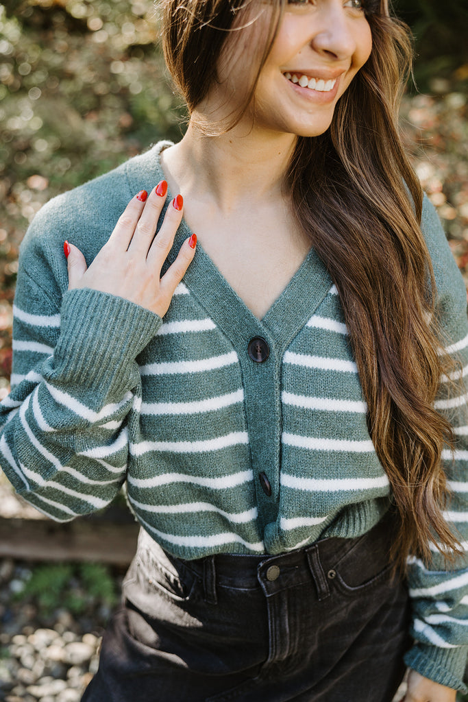 Green & Cream Striped Cardigan - Small