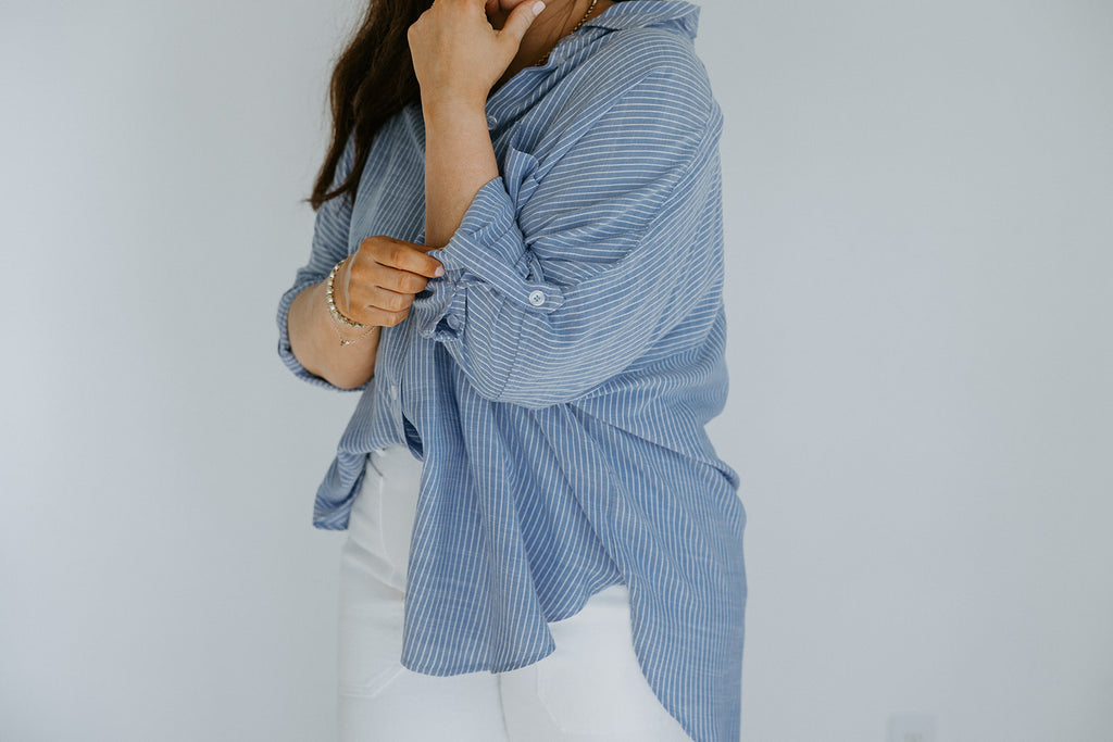 Blue Button Up With White Stripe - Blue