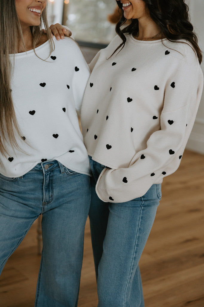 Embroidered Heart Sweater - White