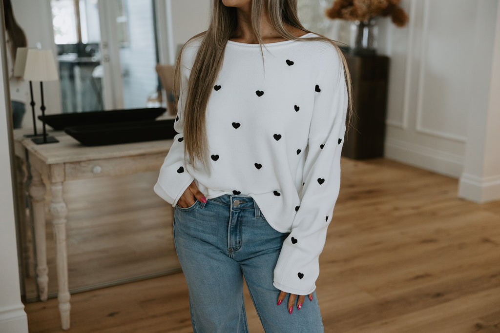 Embroidered Heart Sweater - White