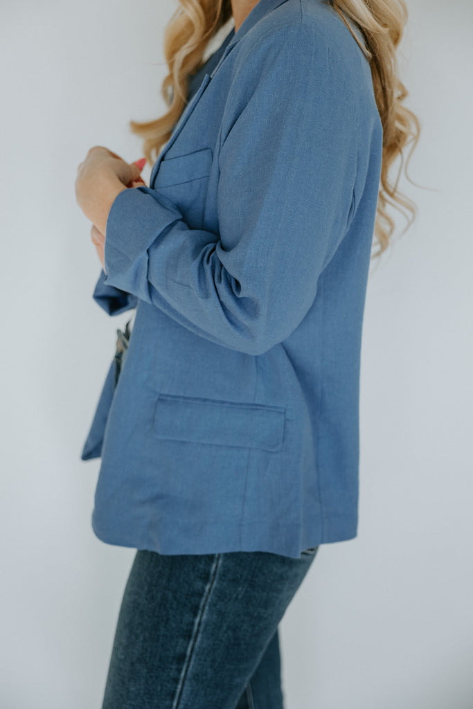 Linen Blazer With Single Button - Blue