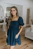 Pleated Detail Puff Sleeve Mini Dress - Navy