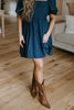 Pleated Detail Puff Sleeve Mini Dress - Navy