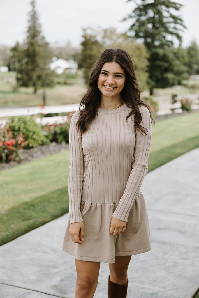 Ribbed Drop Waist Knit Dress - Taupe