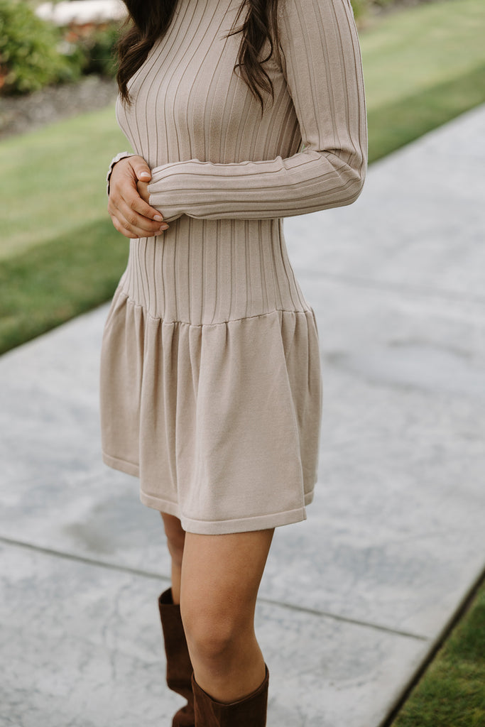 Ribbed Drop Waist Knit Dress - Taupe