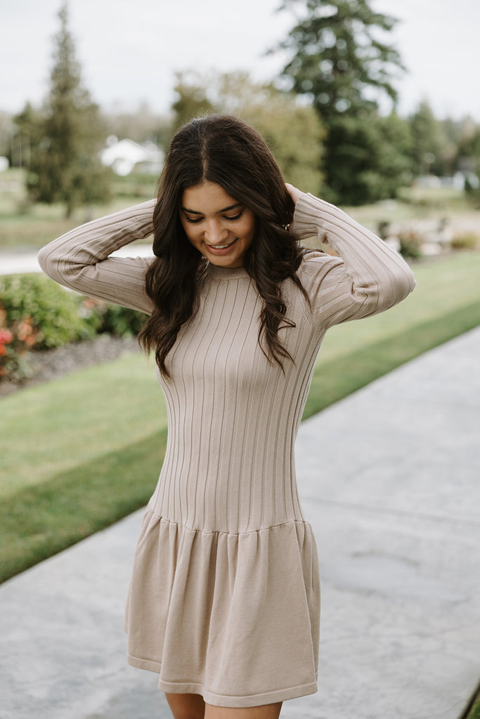Ribbed Drop Waist Knit Dress - Taupe