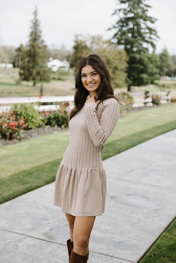 Ribbed Drop Waist Knit Dress - Taupe