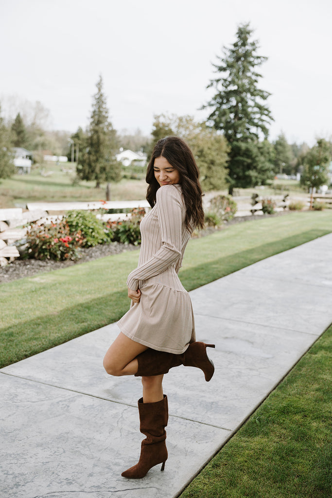 Ribbed Drop Waist Knit Dress - Taupe