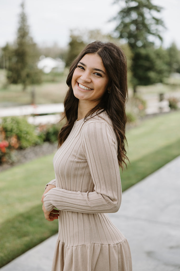 Ribbed Drop Waist Knit Dress - Taupe