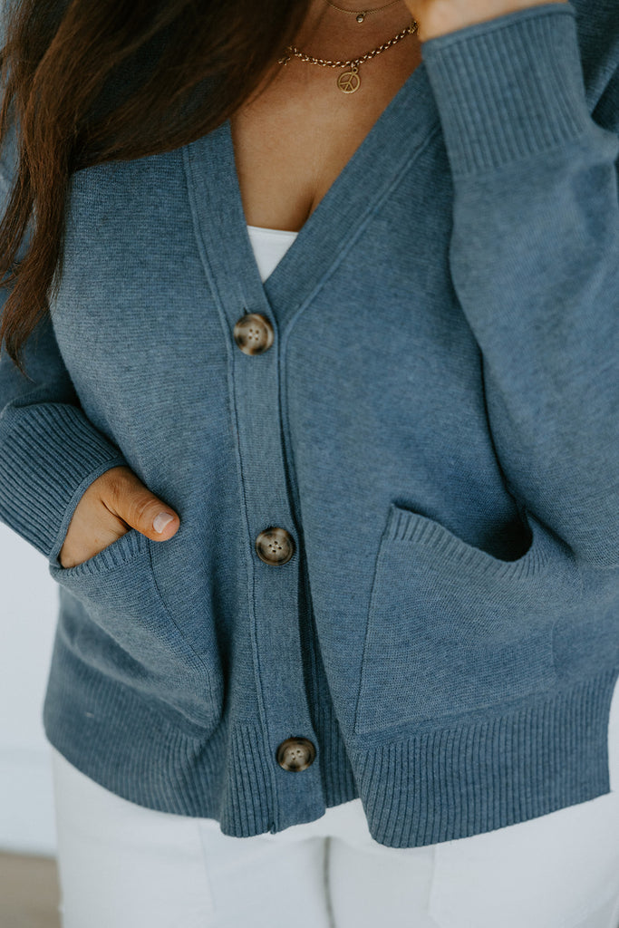 Button Up Ribbed Sweater - Blue