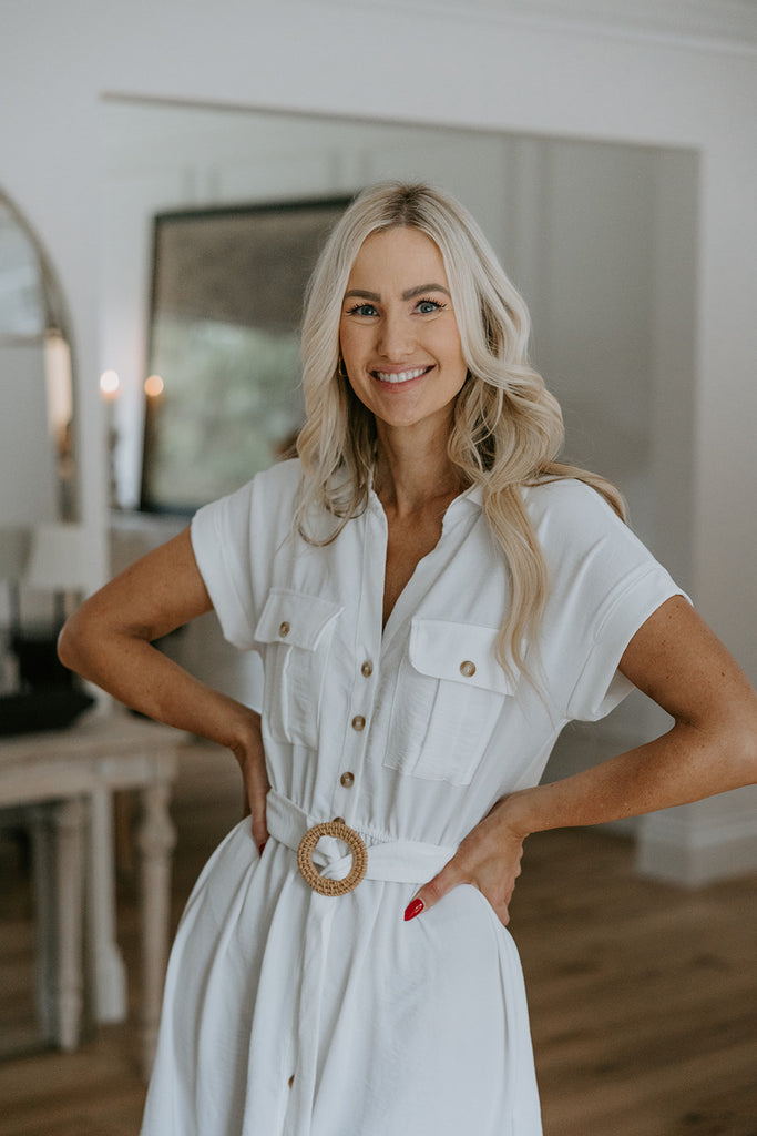 Button Down Belted Midi Dress - White
