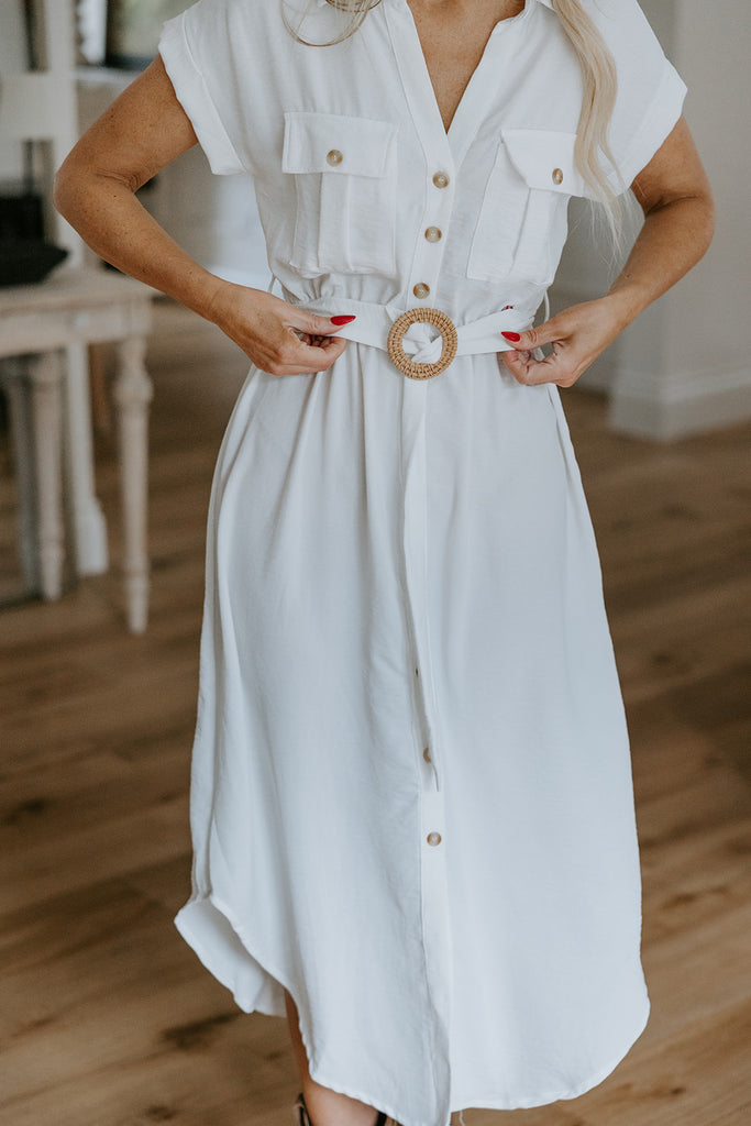 Button Down Belted Midi Dress - White