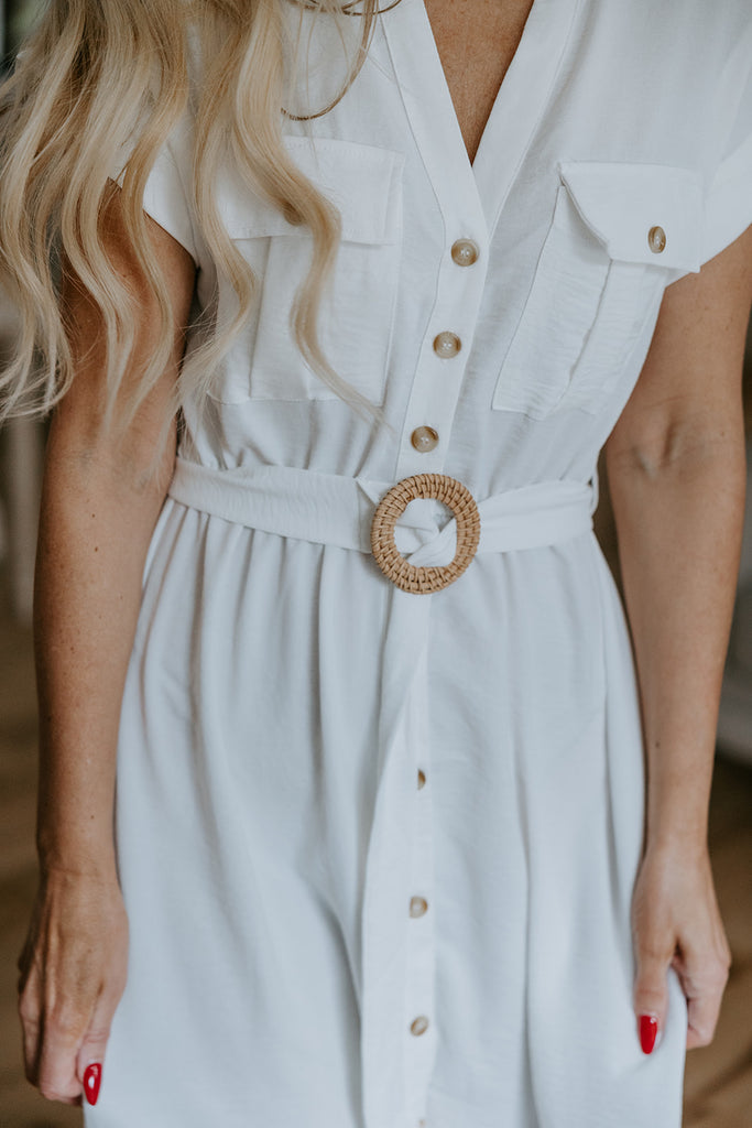 Button Down Belted Midi Dress - White