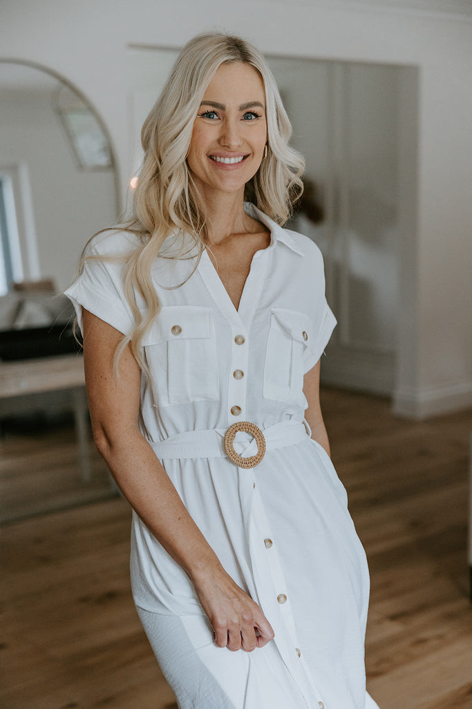 Button Down Belted Midi Dress - White