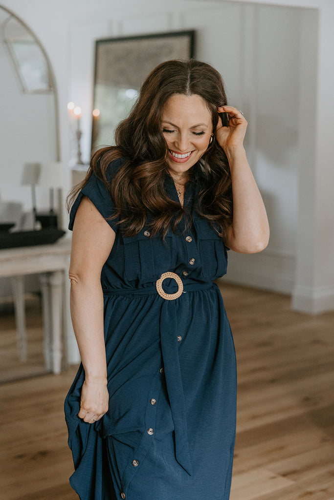 Button Down Belted Midi Dress - Navy