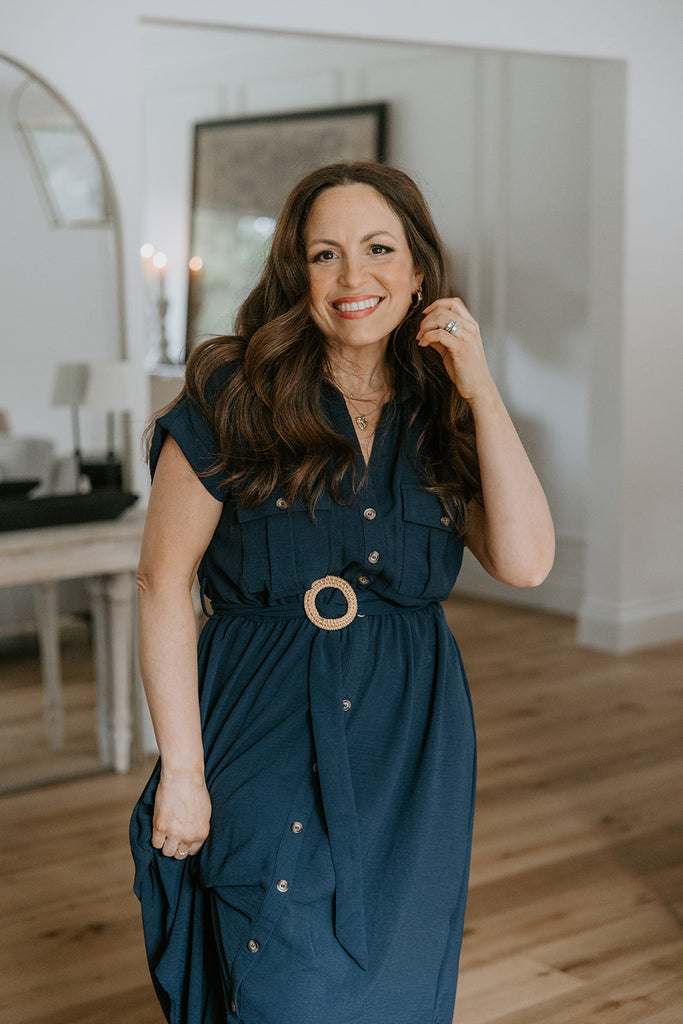 Button Down Belted Midi Dress - Navy