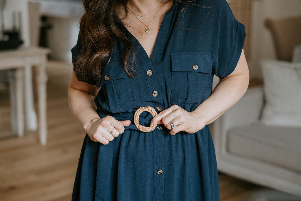 Button Down Belted Midi Dress - Navy