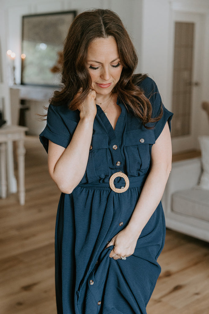 Button Down Belted Midi Dress - Navy