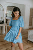Pleated Detail Puff Sleeve Mini Dress - Aqua