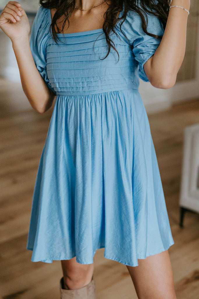 Pleated Detail Puff Sleeve Mini Dress - Aqua