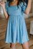 Pleated Detail Puff Sleeve Mini Dress - Aqua
