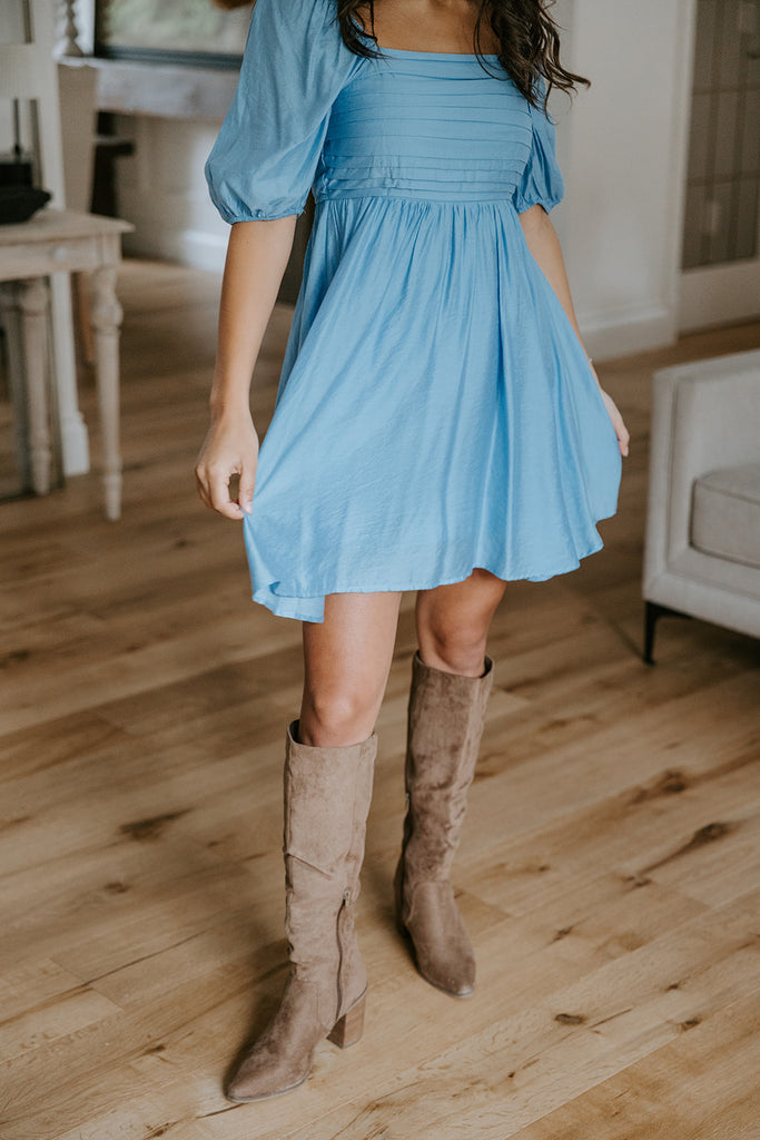 Pleated Detail Puff Sleeve Mini Dress - Aqua