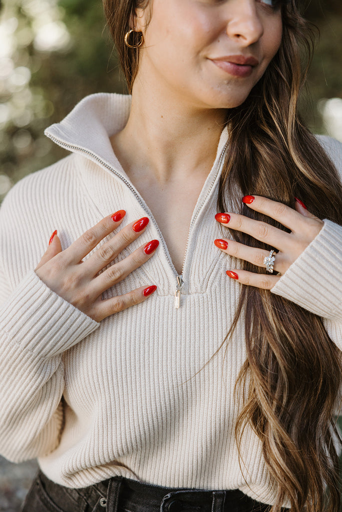 Half Zip Up Knit Sweater - Ivory