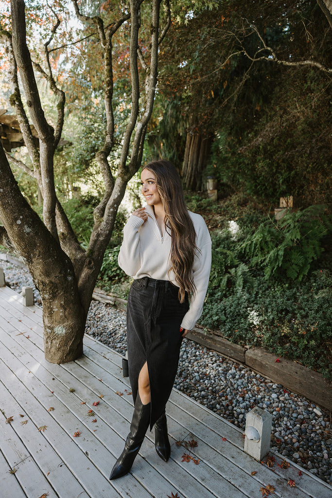 Half Zip Up Knit Sweater - Ivory