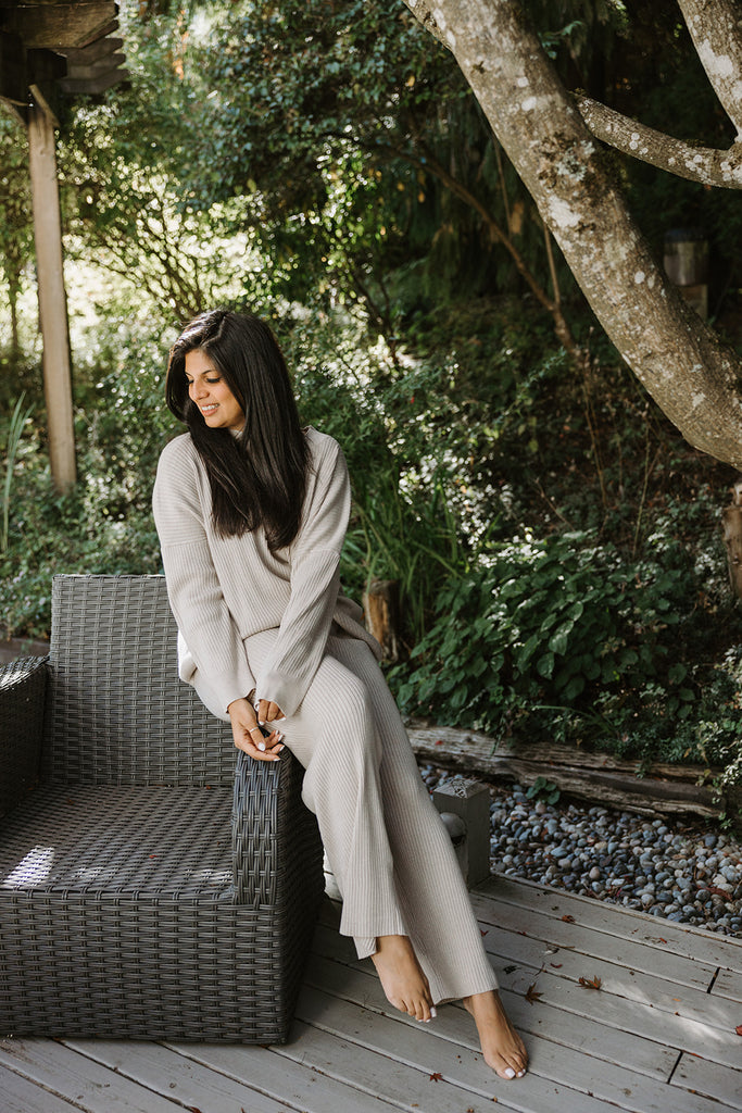 Ribbed Sweater & Pant Set - Beige