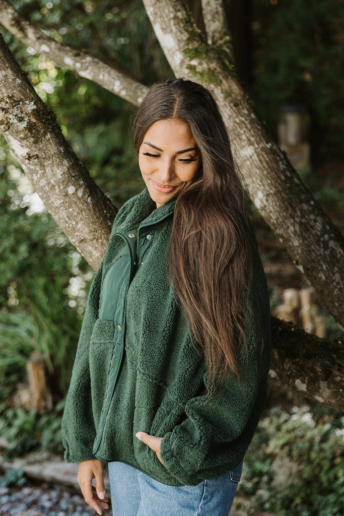Fleece Button Up Bomber - Green