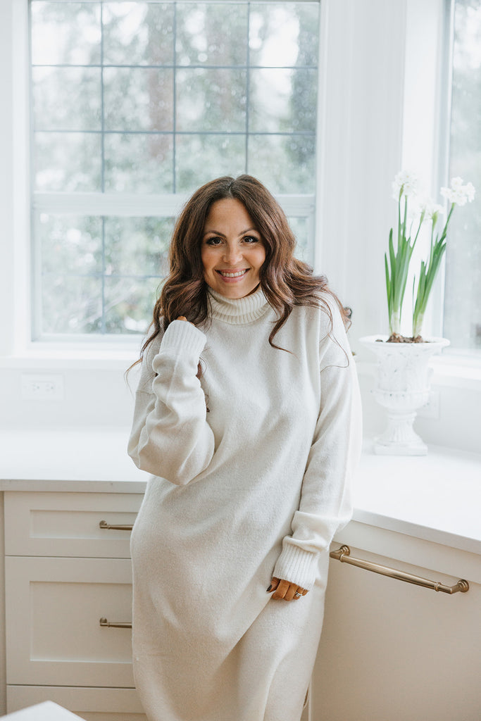 Long Knit Turtleneck Sweater Dress - Cream