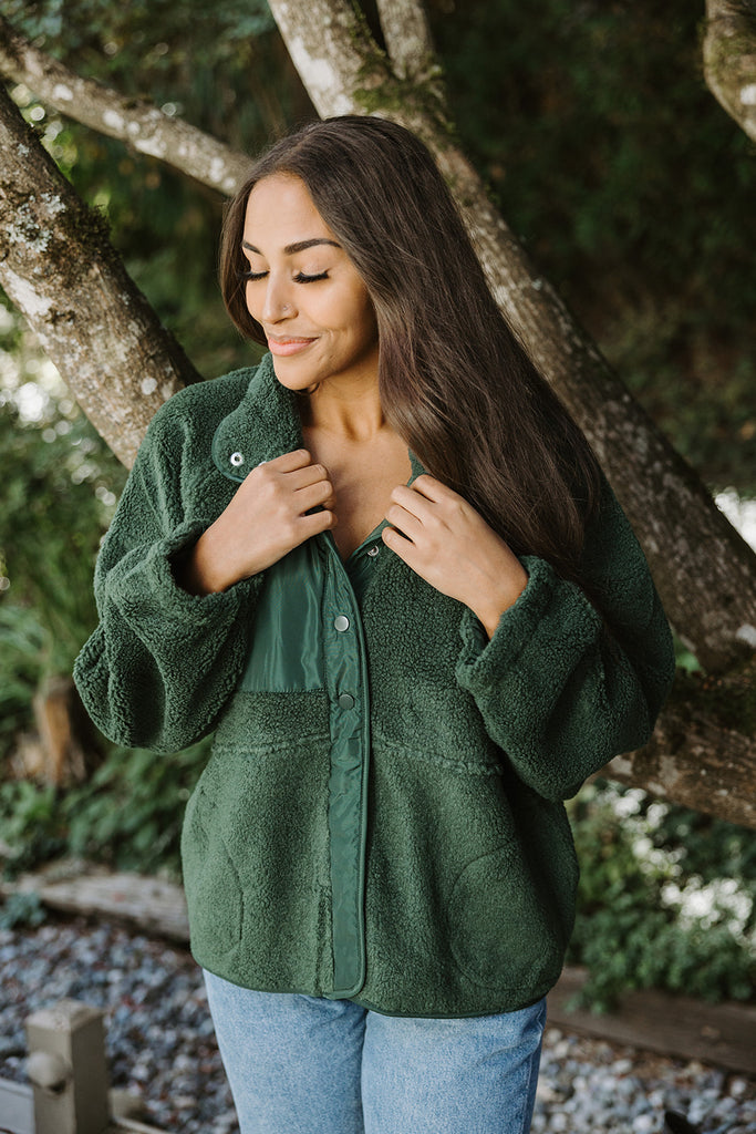Fleece Button Up Bomber - Green