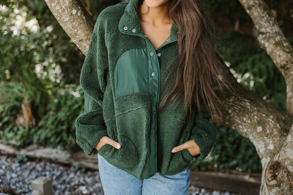 Fleece Button Up Bomber - Green