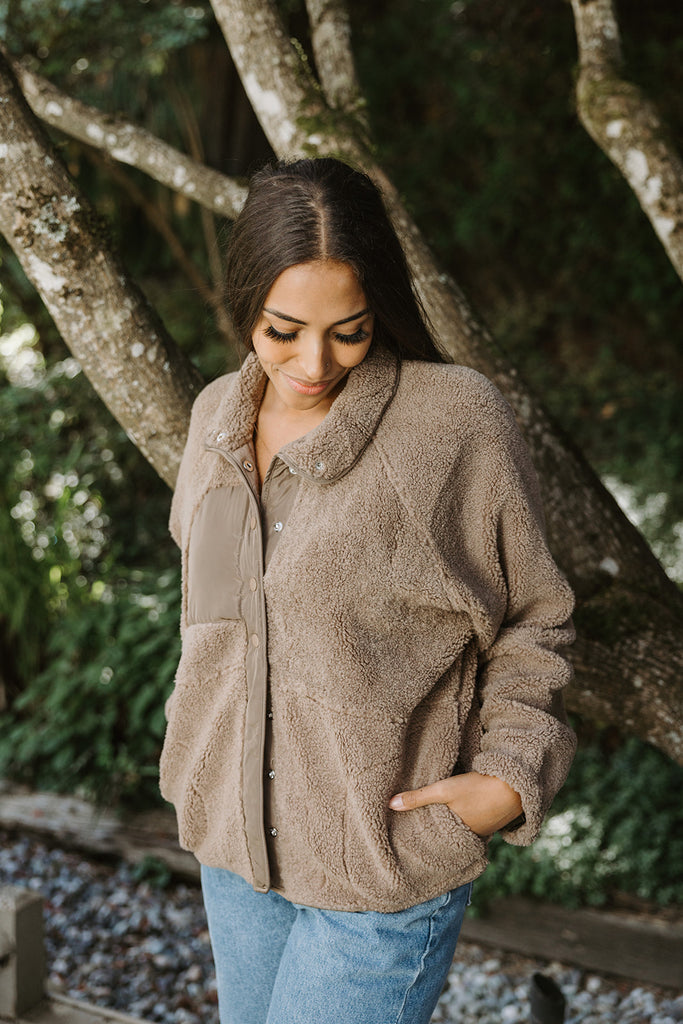 Fleece Button Up Bomber - Mocha