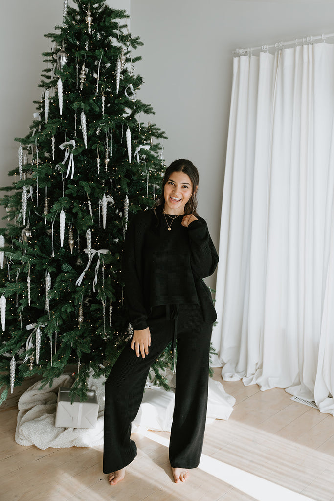 Waffle Textured Sweater & Pant Set - Black