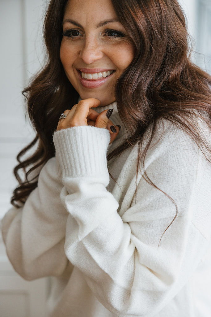 Long Knit Turtleneck Sweater Dress - Cream