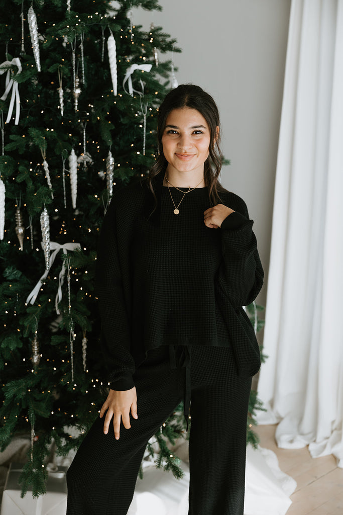 Waffle Textured Sweater & Pant Set - Black