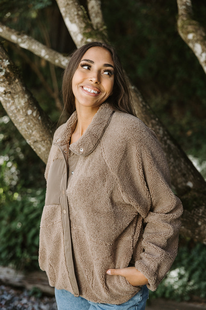 Fleece Button Up Bomber - Mocha