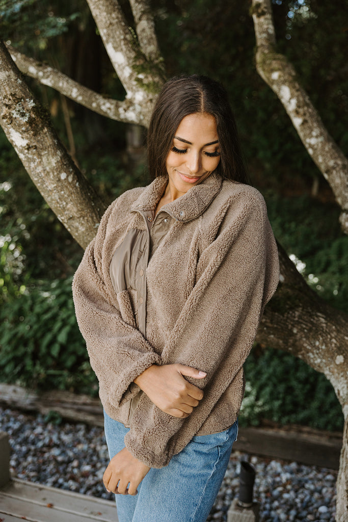 Fleece Button Up Bomber - Mocha