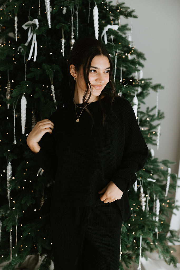 Waffle Textured Sweater & Pant Set - Black